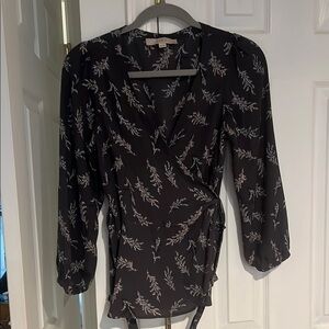 LOFT Black Wrap Tie Front Blouse